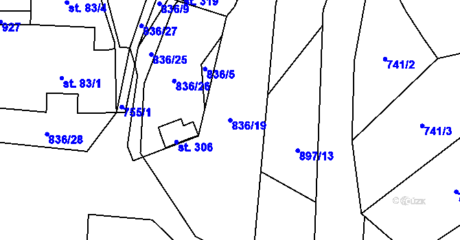 Parcela st. 836/19 v KÚ Opočno u Loun, Katastrální mapa