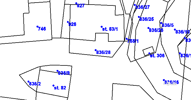 Parcela st. 836/28 v KÚ Opočno u Loun, Katastrální mapa