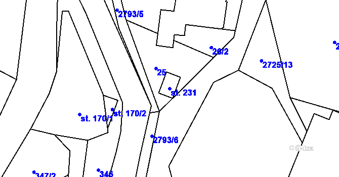 Parcela st. 231 v KÚ Jindřichov u Hranic, Katastrální mapa