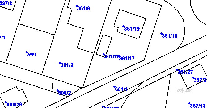 Parcela st. 361/20 v KÚ Jindřichův Hradec, Katastrální mapa