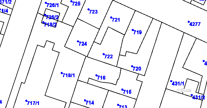 Parcela st. 722 v KÚ Jindřichův Hradec, Katastrální mapa