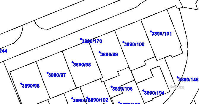 Parcela st. 3890/99 v KÚ Jindřichův Hradec, Katastrální mapa
