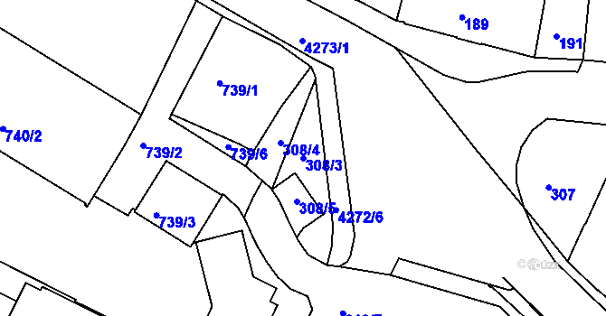 Parcela st. 308/3 v KÚ Jindřichův Hradec, Katastrální mapa