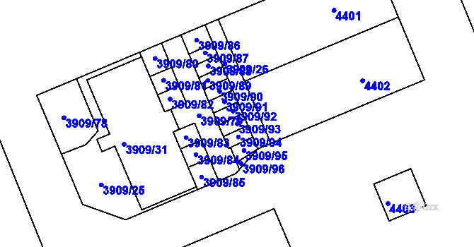 Parcela st. 3909/93 v KÚ Jindřichův Hradec, Katastrální mapa