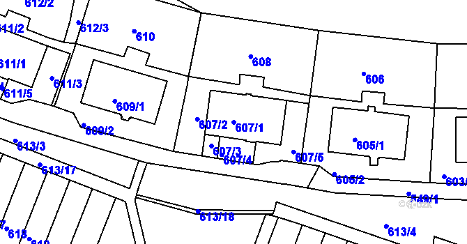 Parcela st. 607/1 v KÚ Jirkov, Katastrální mapa