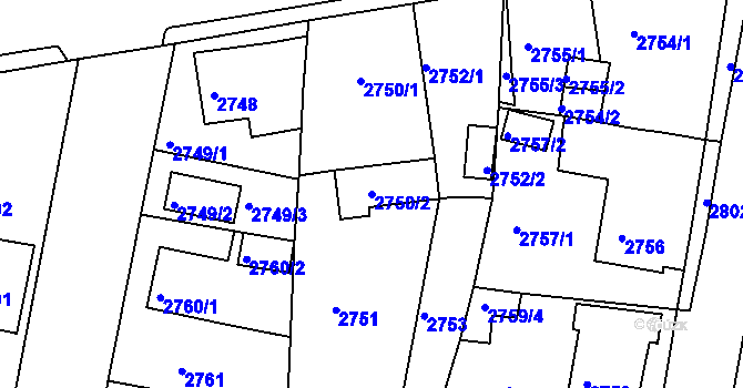 Parcela st. 2750/2 v KÚ Jirkov, Katastrální mapa