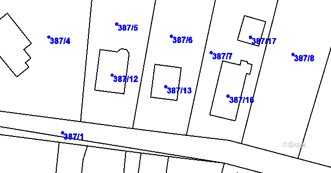 Parcela st. 387/13 v KÚ Březenec, Katastrální mapa
