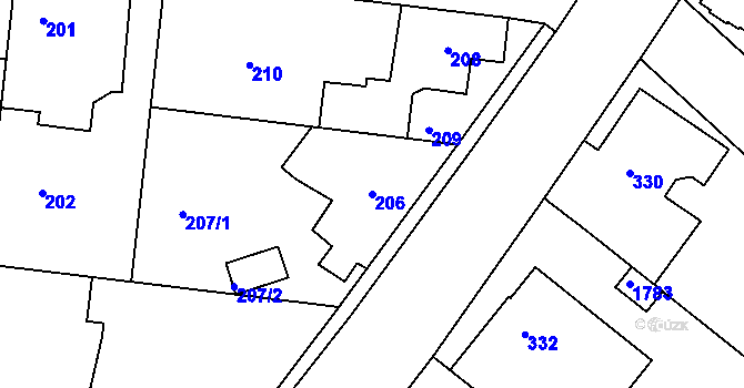 Parcela st. 206 v KÚ Jirny, Katastrální mapa