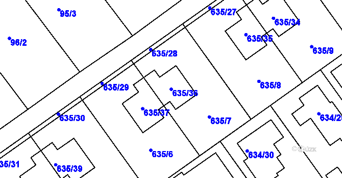 Parcela st. 635/36 v KÚ Jirny, Katastrální mapa
