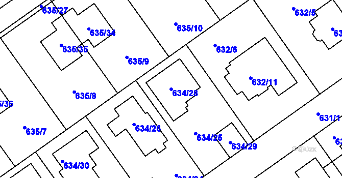 Parcela st. 634/28 v KÚ Jirny, Katastrální mapa