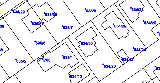 Parcela st. 634/30 v KÚ Jirny, Katastrální mapa
