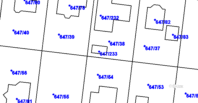 Parcela st. 647/233 v KÚ Jirny, Katastrální mapa