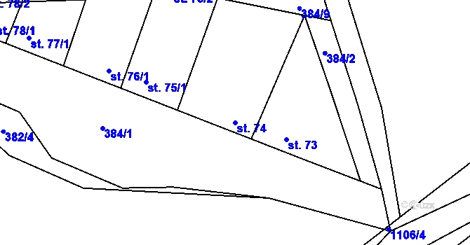 Parcela st. 74 v KÚ Jiřetice u Neustupova, Katastrální mapa