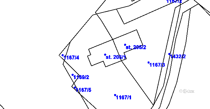 Parcela st. 205/1 v KÚ Jiřice u Humpolce, Katastrální mapa