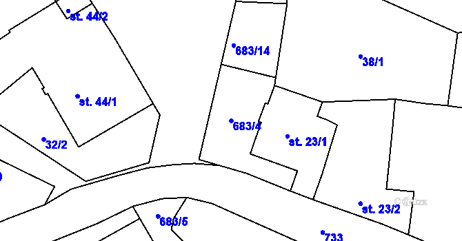Parcela st. 683/4 v KÚ Jiřín, Katastrální mapa