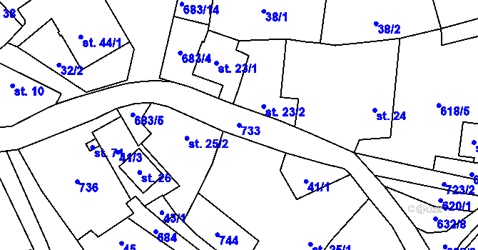 Parcela st. 733 v KÚ Jiřín, Katastrální mapa