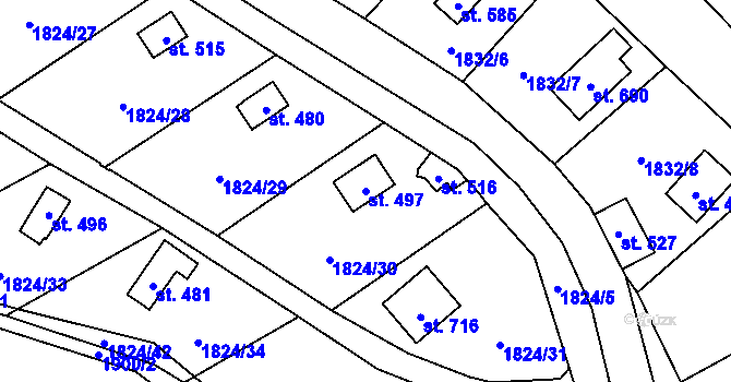 Parcela st. 497 v KÚ Jistebnice, Katastrální mapa
