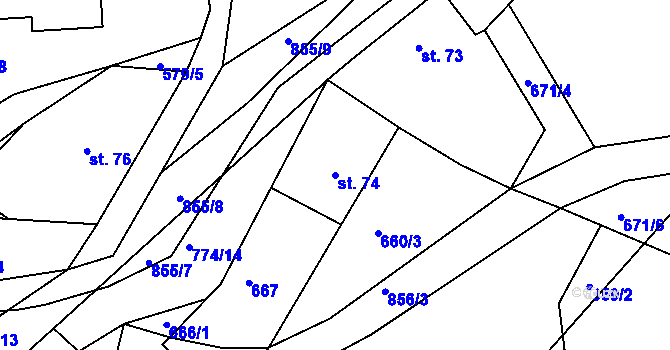 Parcela st. 74 v KÚ Jivany, Katastrální mapa