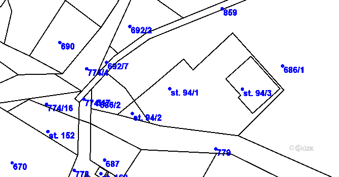 Parcela st. 94/1 v KÚ Jivany, Katastrální mapa