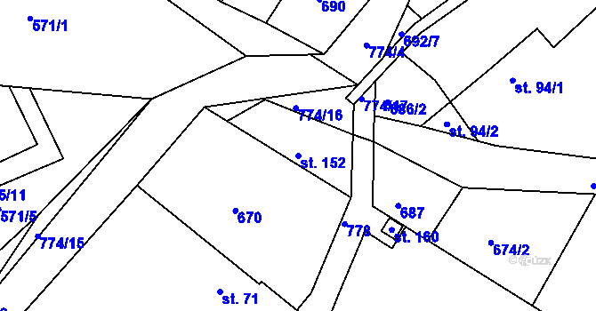 Parcela st. 152 v KÚ Jivany, Katastrální mapa