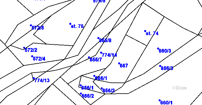 Parcela st. 774/14 v KÚ Jivany, Katastrální mapa