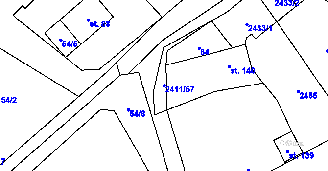 Parcela st. 2411/57 v KÚ Jívová, Katastrální mapa