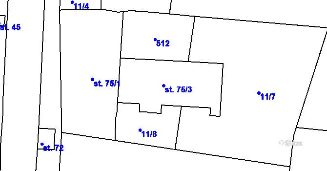 Parcela st. 75/3 v KÚ Kaceřov, Katastrální mapa