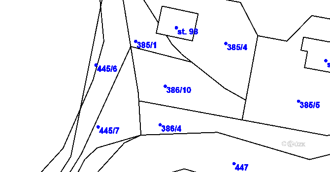 Parcela st. 386/10 v KÚ Kaceřov, Katastrální mapa