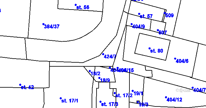 Parcela st. 424/7 v KÚ Kaceřov, Katastrální mapa