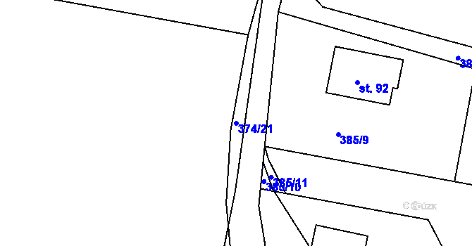 Parcela st. 374/21 v KÚ Kaceřov, Katastrální mapa