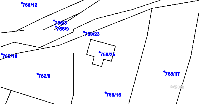 Parcela st. 758/25 v KÚ Kačice, Katastrální mapa