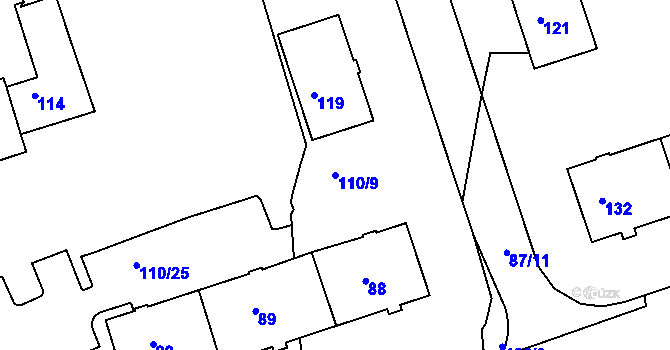 Parcela st. 110/9 v KÚ Kadaň, Katastrální mapa