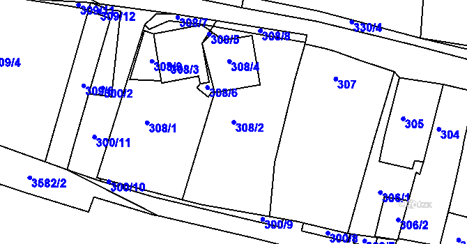 Parcela st. 308/2 v KÚ Kadaň, Katastrální mapa