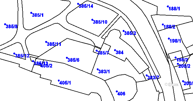 Parcela st. 385/7 v KÚ Kadaň, Katastrální mapa