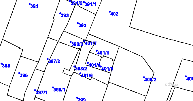 Parcela st. 401/1 v KÚ Kadaň, Katastrální mapa