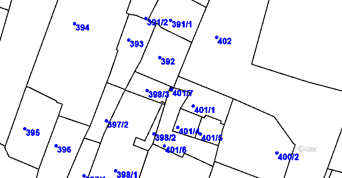 Parcela st. 401/7 v KÚ Kadaň, Katastrální mapa