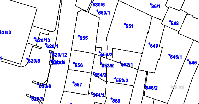 Parcela st. 554/2 v KÚ Kadaň, Katastrální mapa
