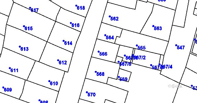 Parcela st. 566 v KÚ Kadaň, Katastrální mapa