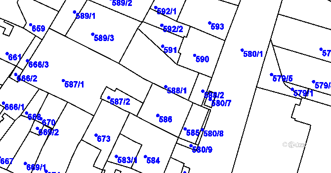 Parcela st. 588/1 v KÚ Kadaň, Katastrální mapa