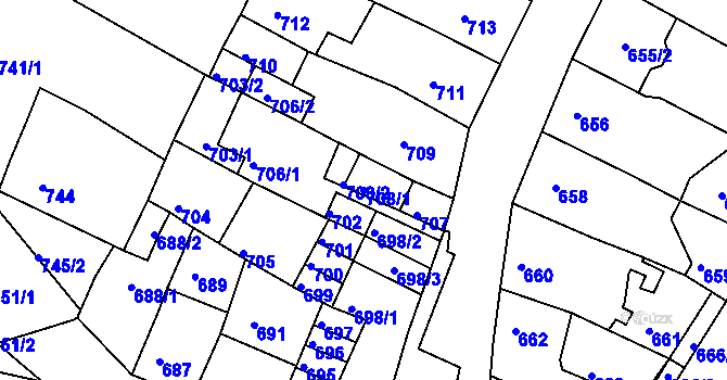 Parcela st. 708/1 v KÚ Kadaň, Katastrální mapa