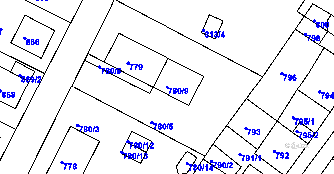 Parcela st. 780/9 v KÚ Kadaň, Katastrální mapa