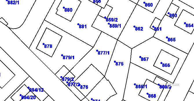 Parcela st. 877/1 v KÚ Kadaň, Katastrální mapa