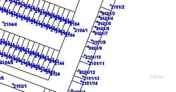 Parcela st. 2101/9 v KÚ Kadaň, Katastrální mapa