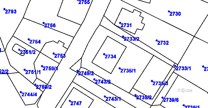 Parcela st. 2734 v KÚ Kadaň, Katastrální mapa