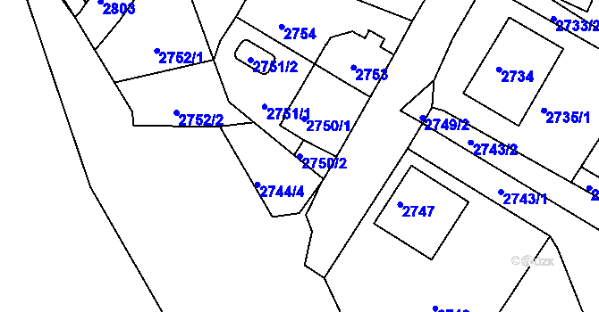 Parcela st. 2750/2 v KÚ Kadaň, Katastrální mapa