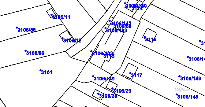 Parcela st. 3115 v KÚ Kadaň, Katastrální mapa