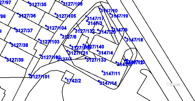 Parcela st. 3147/4 v KÚ Kadaň, Katastrální mapa