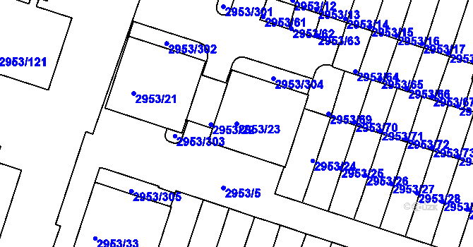 Parcela st. 2953/23 v KÚ Kadaň, Katastrální mapa