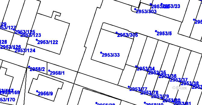 Parcela st. 2953/33 v KÚ Kadaň, Katastrální mapa