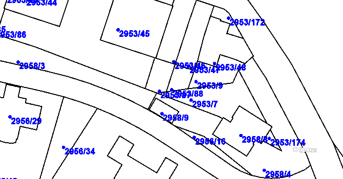 Parcela st. 2953/88 v KÚ Kadaň, Katastrální mapa